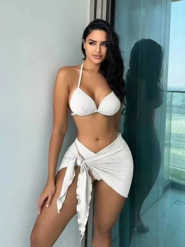 Women's avocado green three-piece swimsuit set with Russian split design, showing bikini top, high-cut bottoms, and skirt.