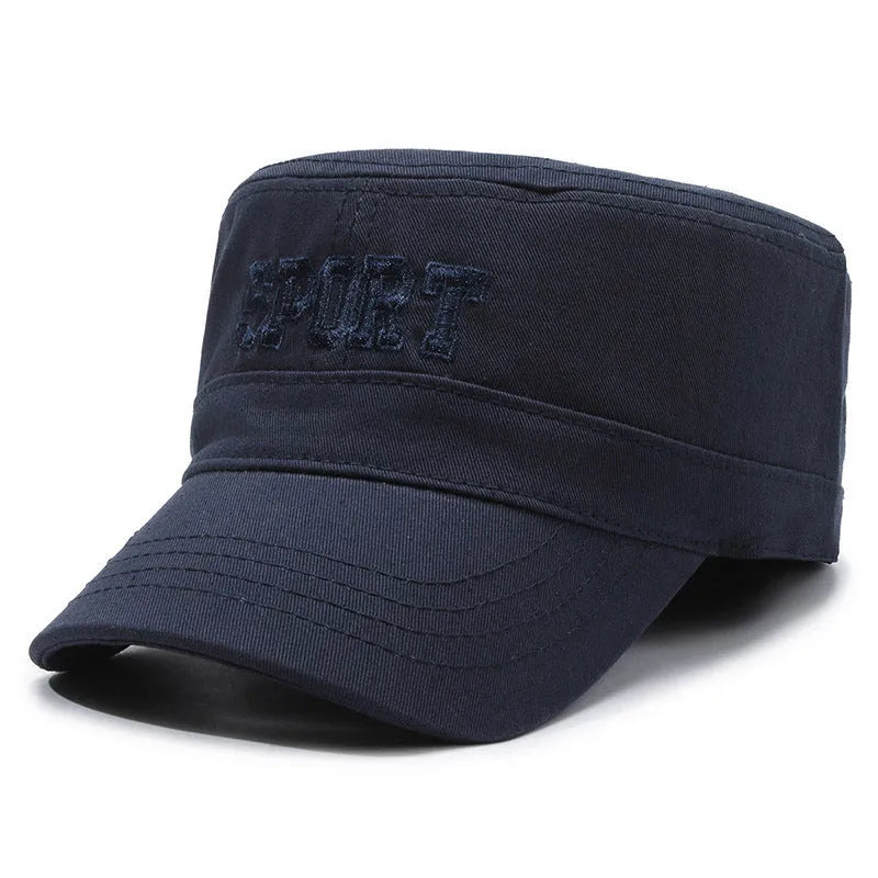 Men's flat-top cotton peaked cap with adjustable strap in army green colour