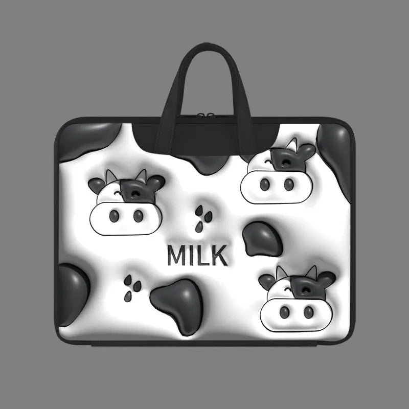 Inflatable PU leather laptop bag with hanging handle in panda pattern design for 15-inch laptops