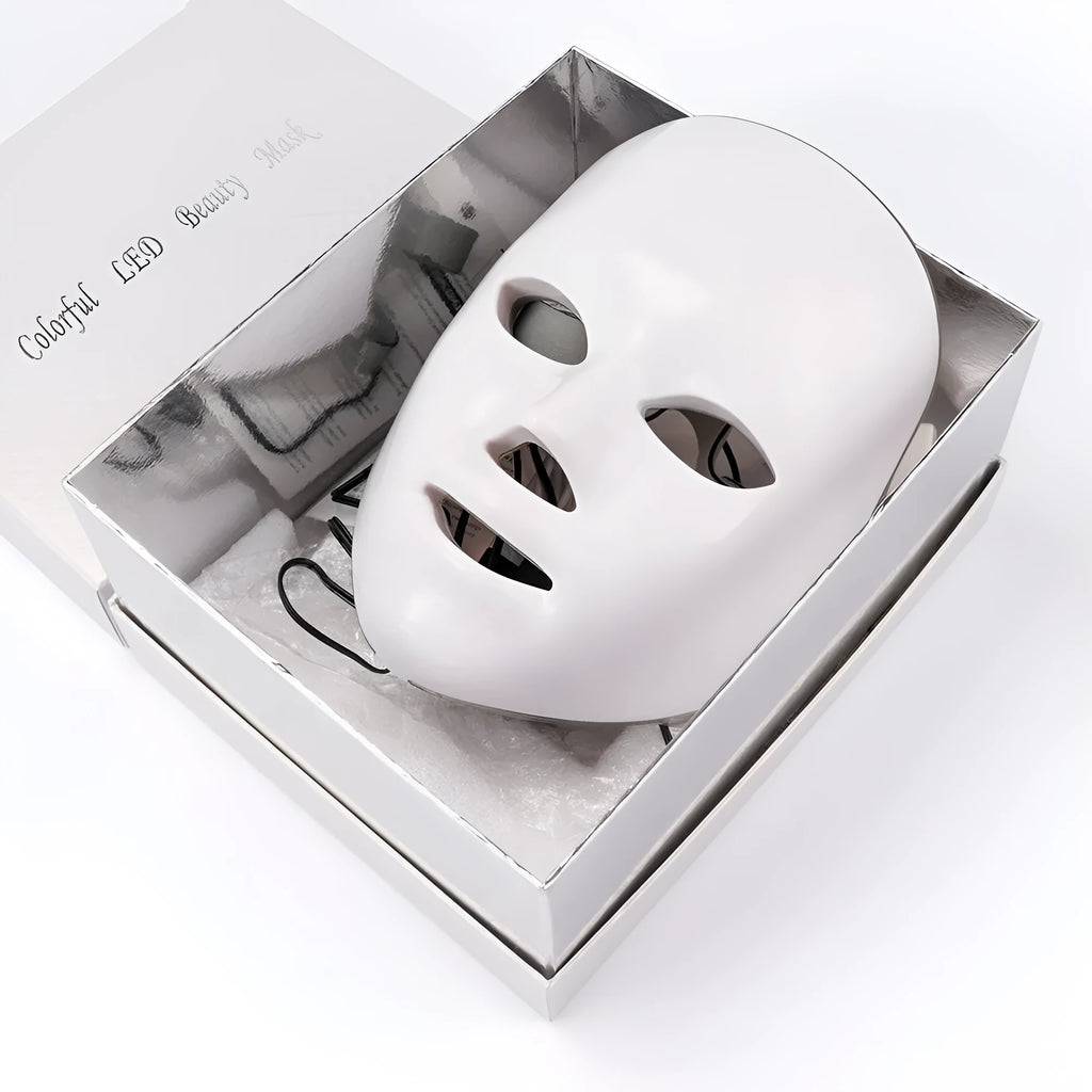 Seven colour LED photon rejuvenation skin mask with 330 lights and ABS construction on a white background