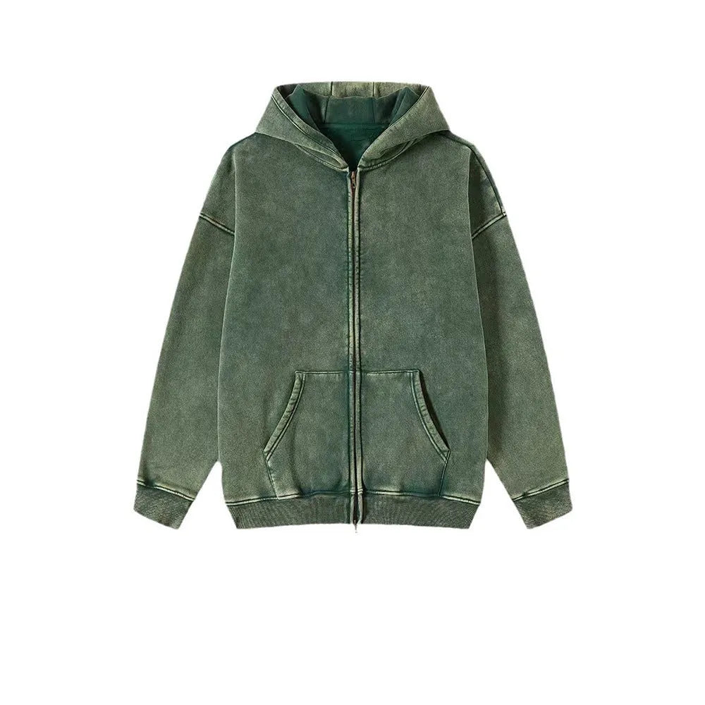 Men's vintage-style dark green fleece-lined hooded cardigan with a double zip front.