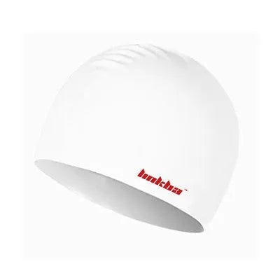 Silicone swimming cap with earmuff design and printed letters, shown in one of five colours: black, white, yellow, blue, or grey.