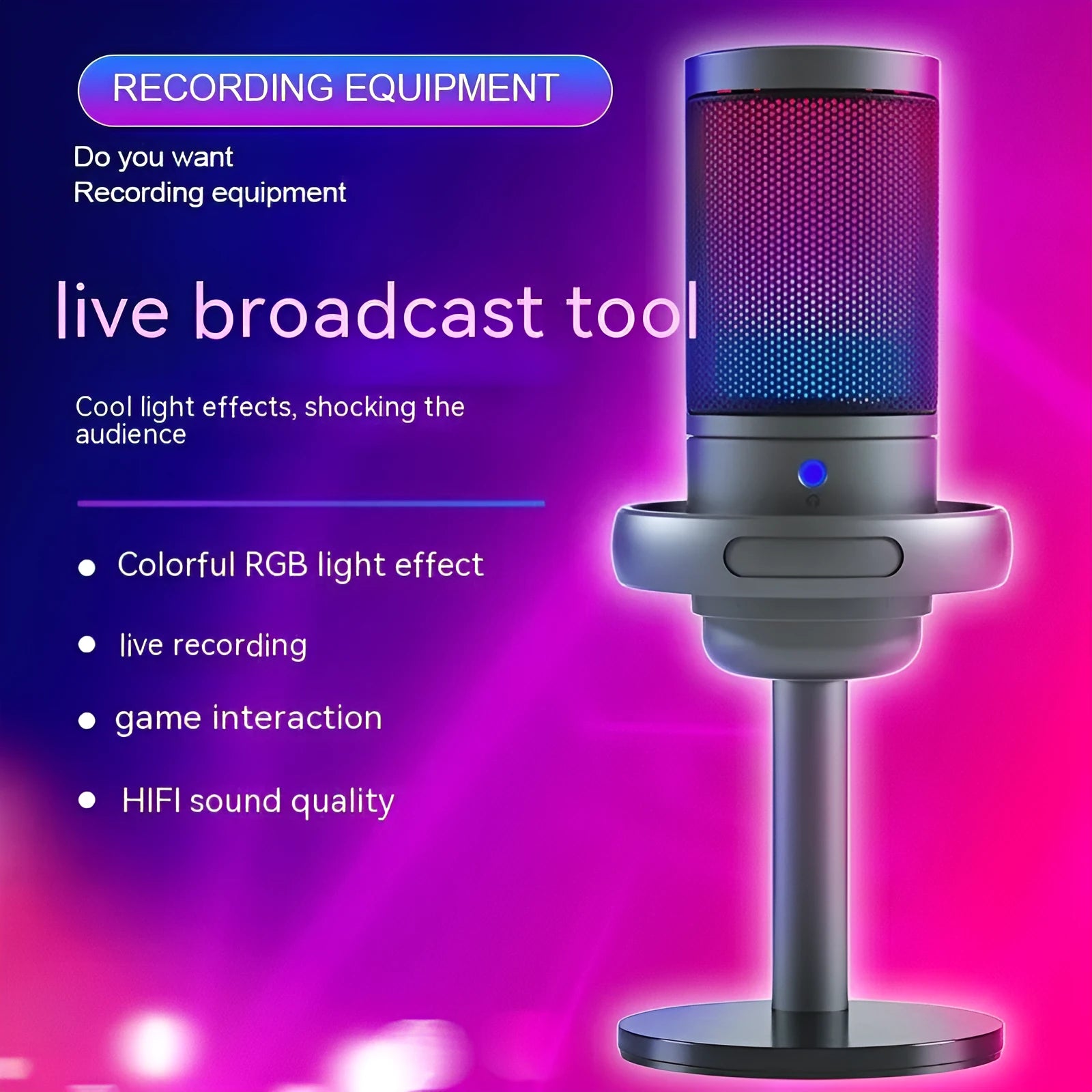 USB condenser microphone with RGB lighting in black, white, and pink colour options.