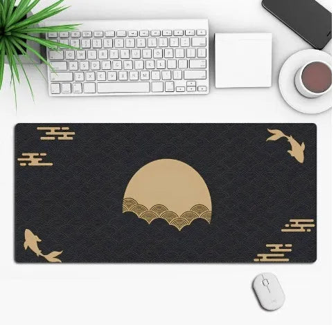 Custom anime graphic gaming mouse pad with non-slip rubber base on a desk.