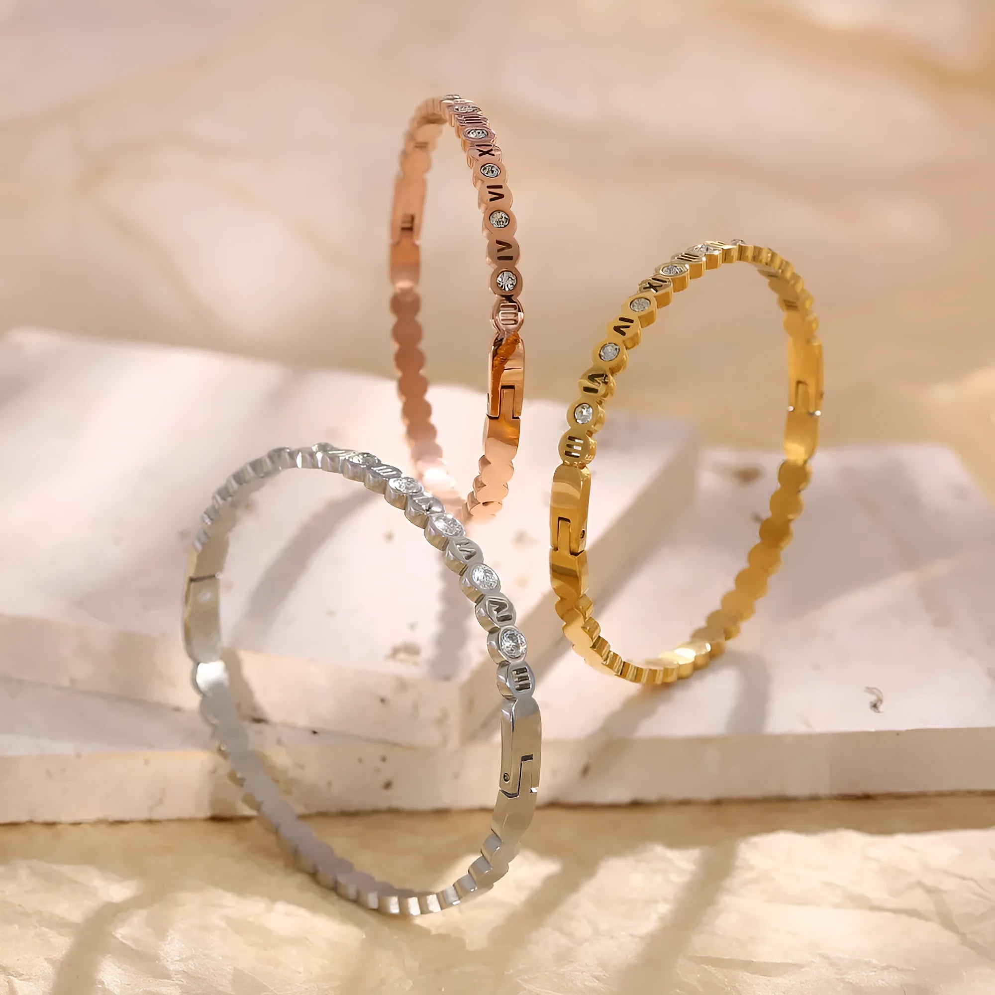 Korean style titanium steel bracelet with number detailing in gold, rose gold, or steel colour options