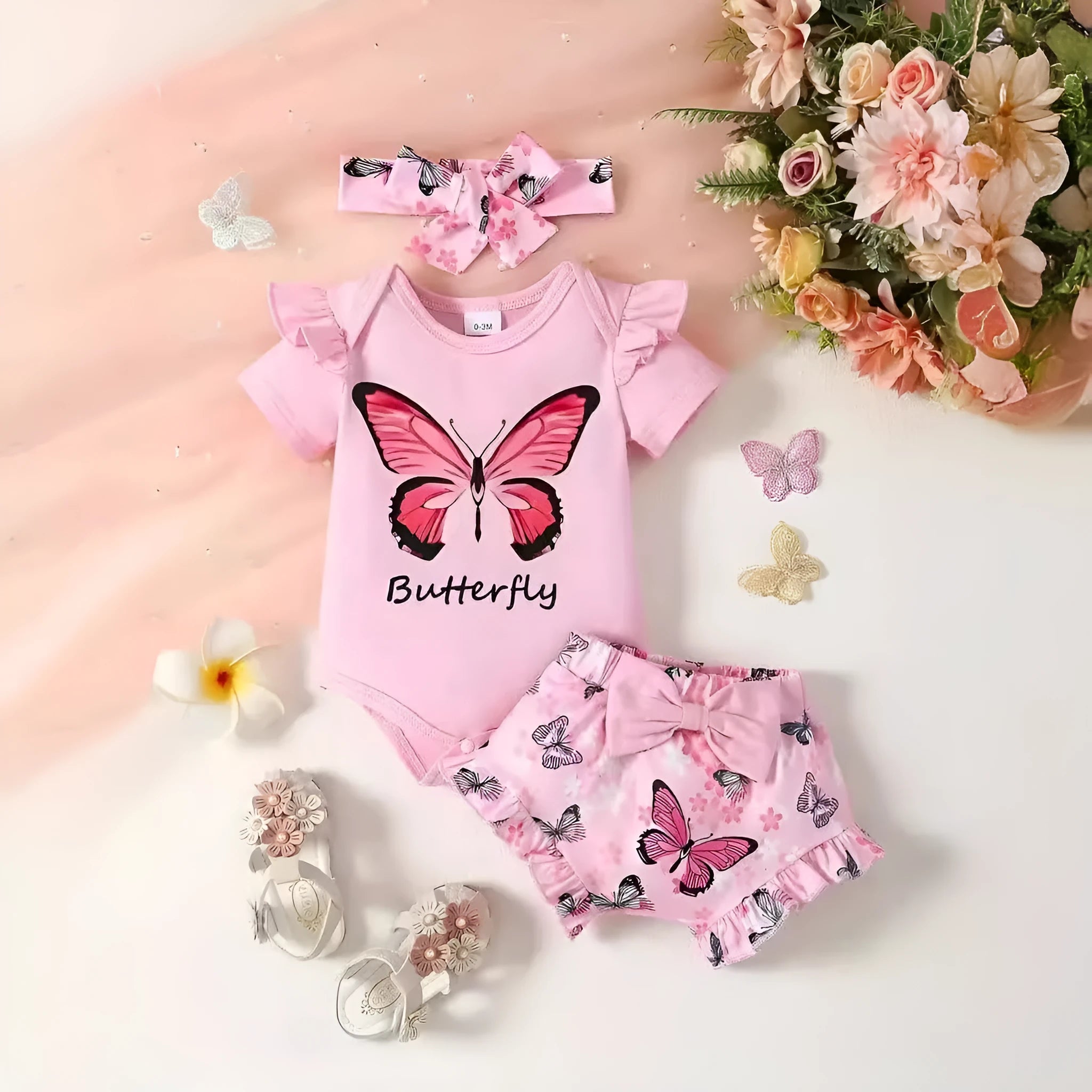 Baby girl summer short sleeve butterfly print polyester two-piece suit in peach colour on white background