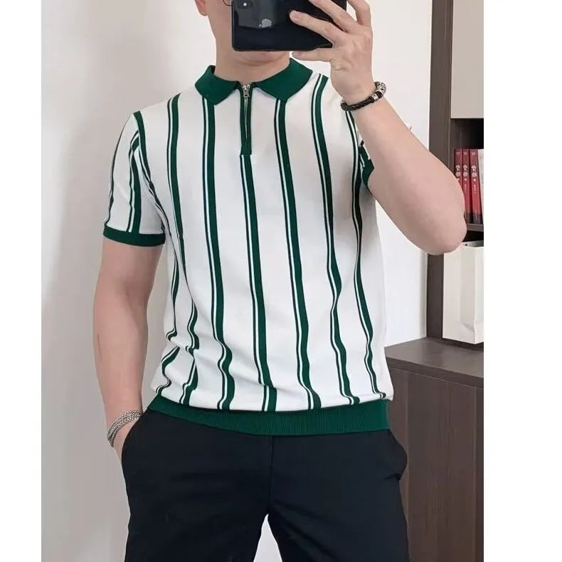 Korean style vintage stripe men's t-shirt with personality zipper detail in black and white colour options