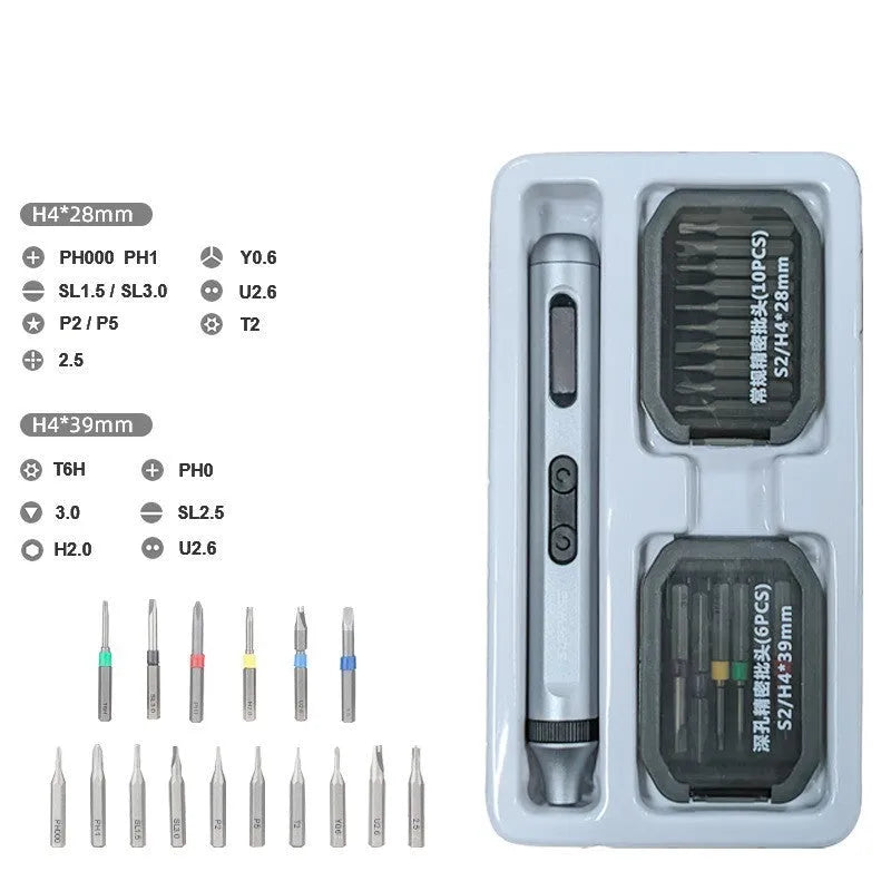 Aluminium bodied precision electric screwdriver on a workbench with a USB charging cable.