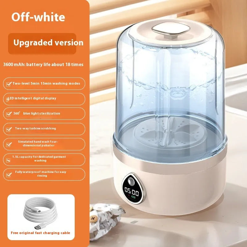 White portable USB charging mini washing machine with compact plastic housing on a countertop.