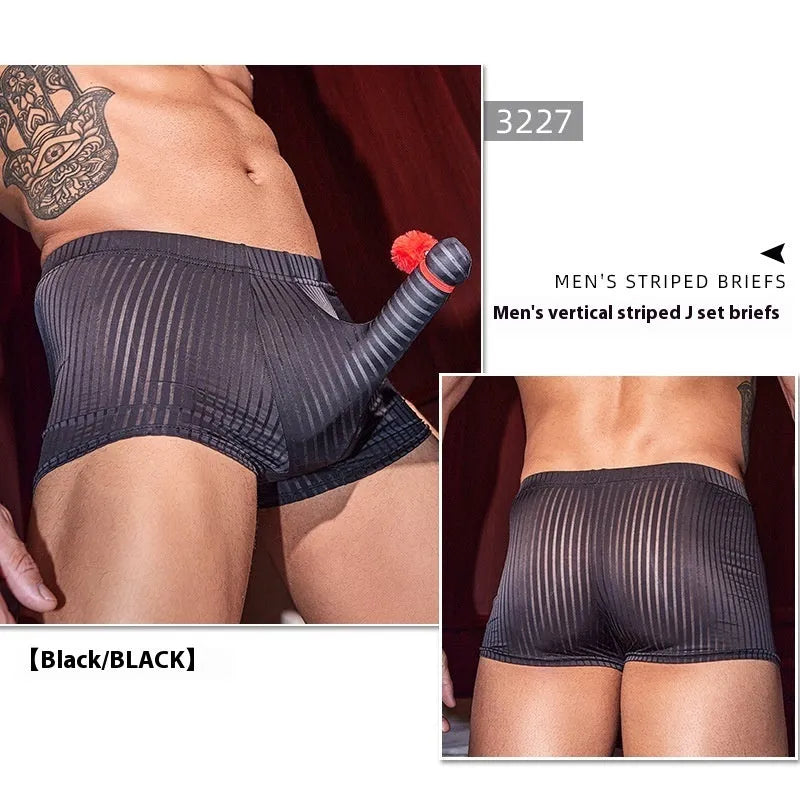 Men's black striped nylon boxer briefs on a white background