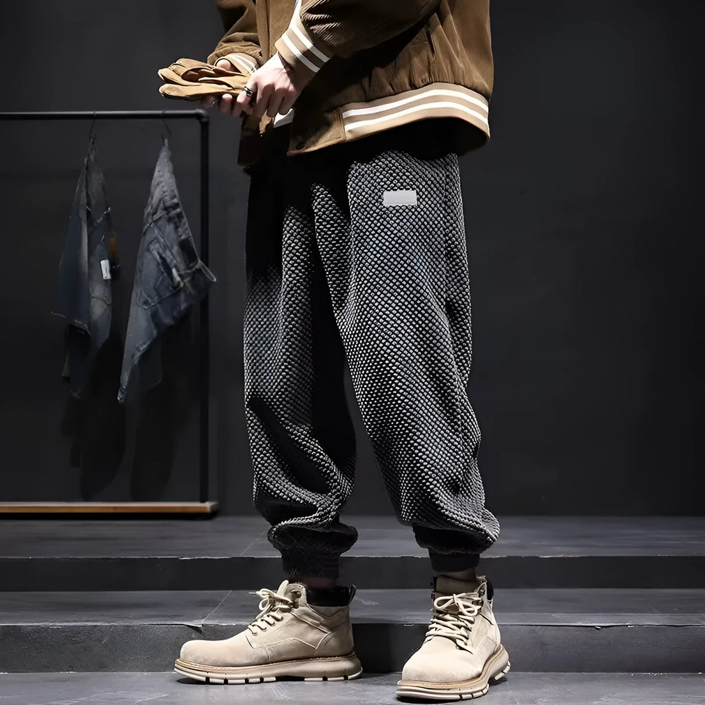 Men's grey ankle-tied casual sweatpants with straight leg design