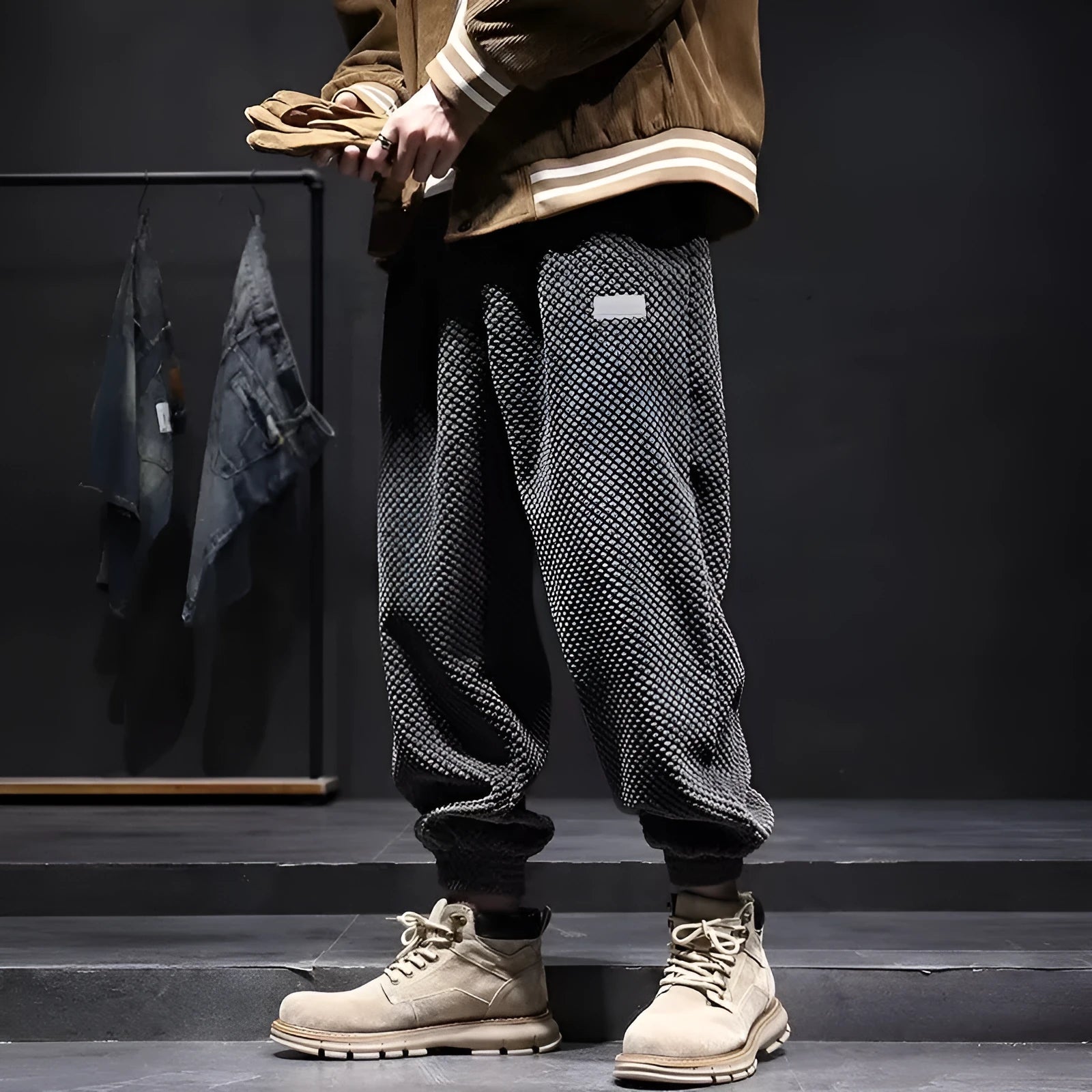 Men's grey ankle-tied casual sweatpants with straight leg design