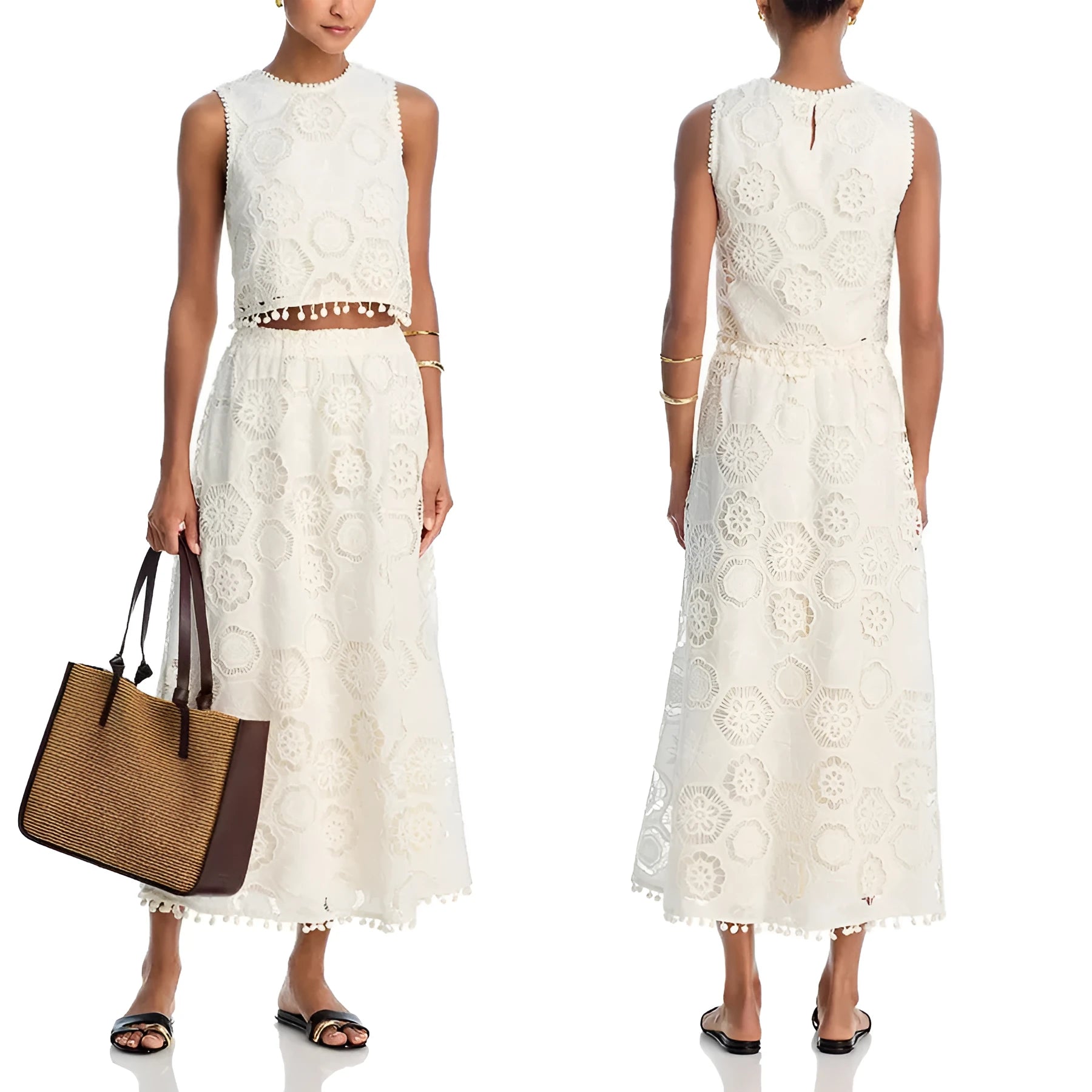 White women's retro style suit with sleeveless top, embroidered long skirt on hanger