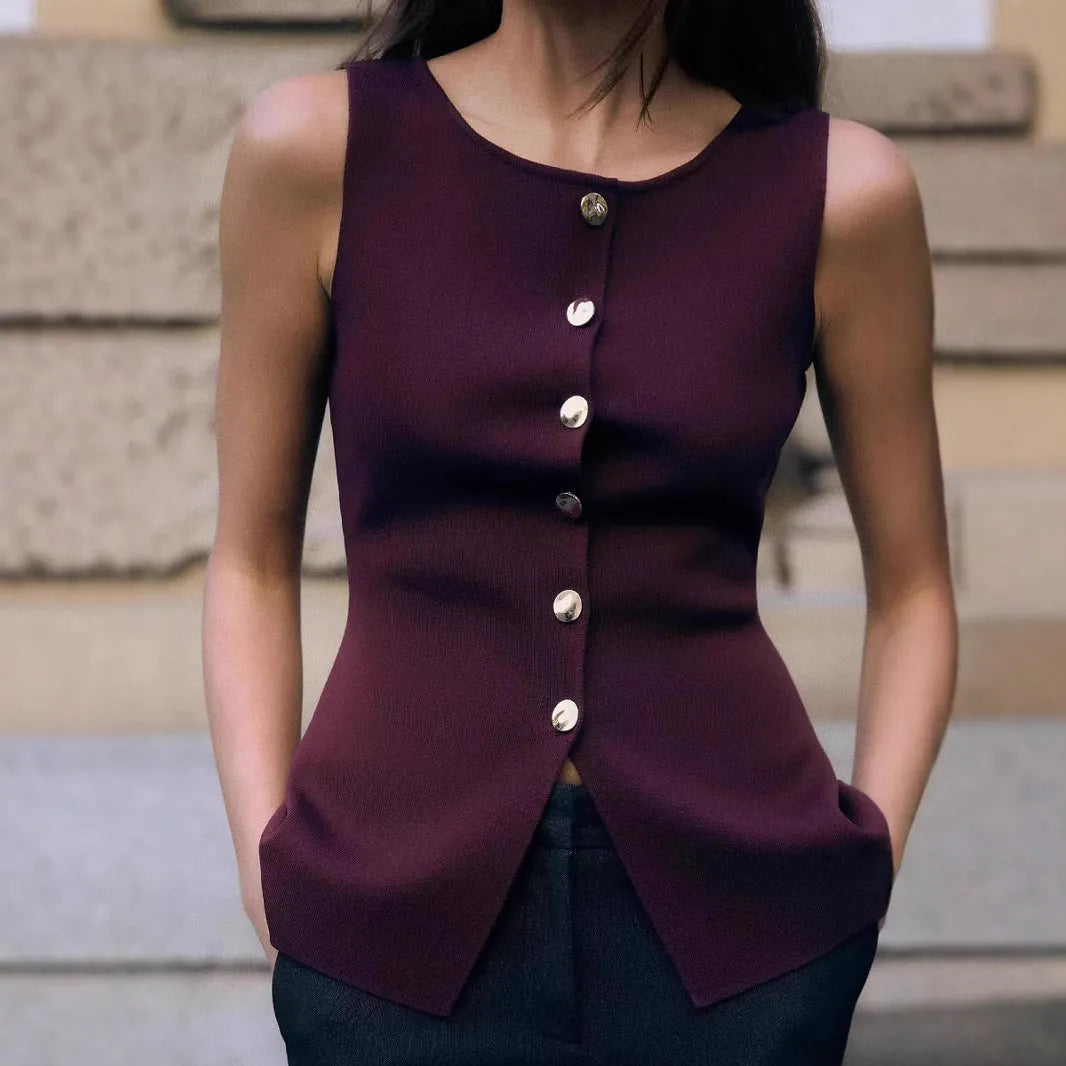 Dark red and white plain gold button sweater vest sleeveless viscose cardigan