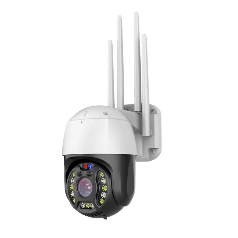 Outdoor dome security camera with 360-degree rotation on a wall mount, showing infrared LEDs for night vision.