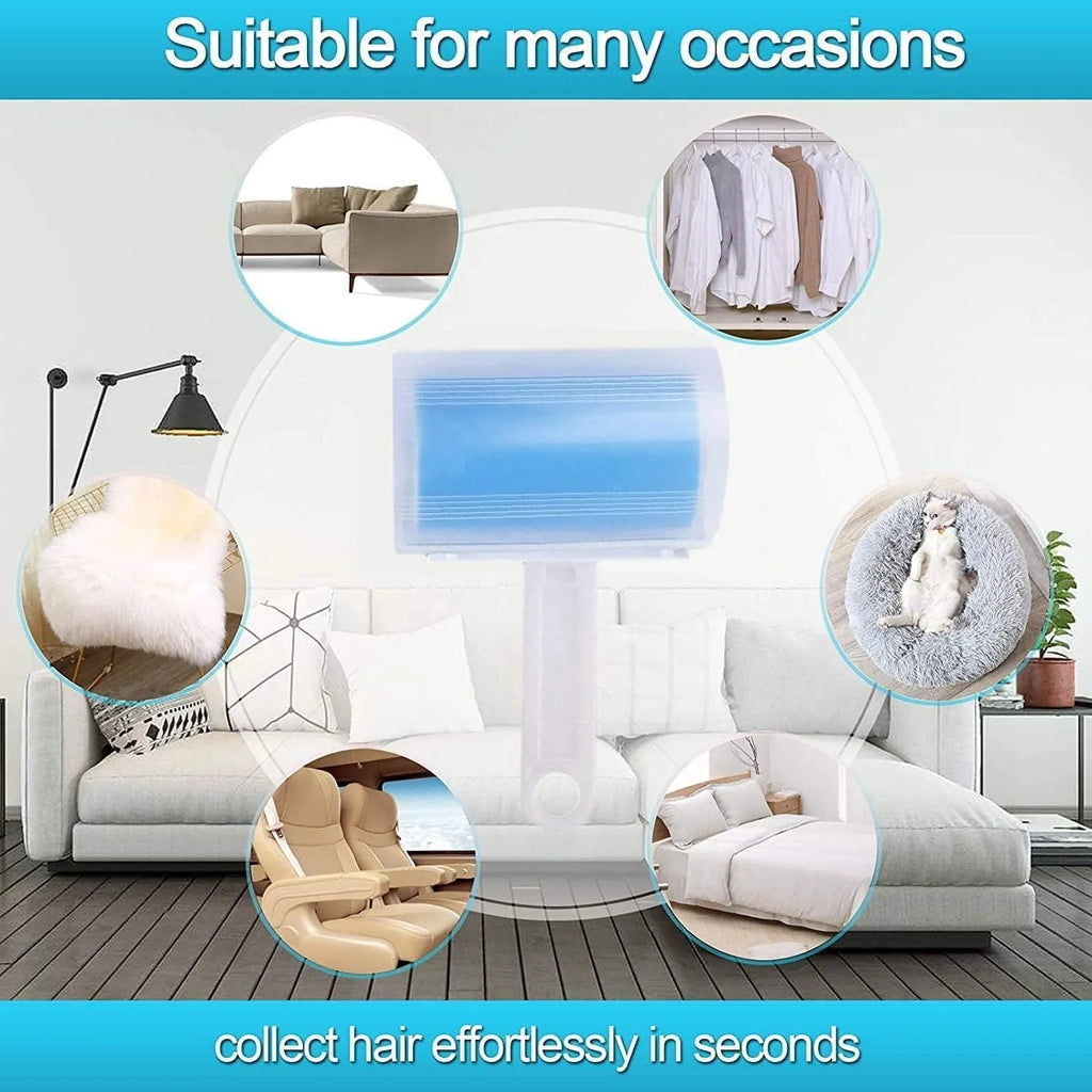 Washable reusable lint roller for pet hair removal in blue, green, pink, or yellow with cover.