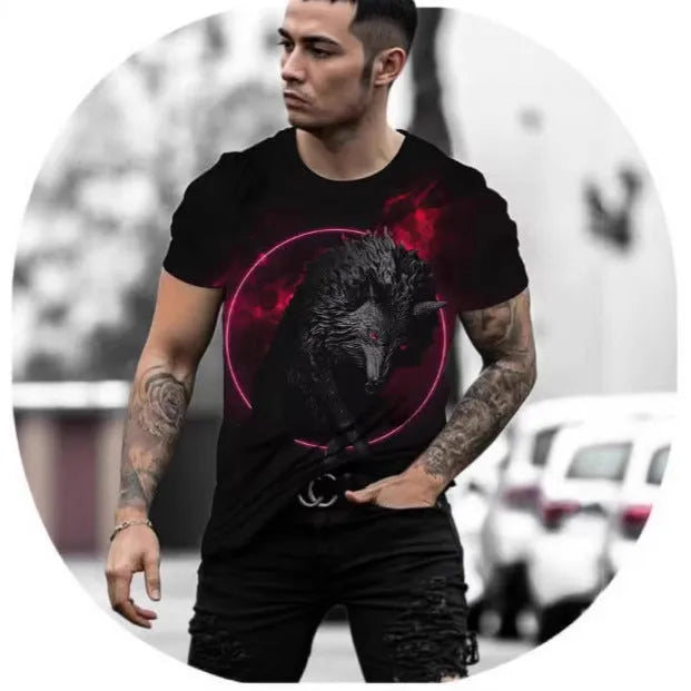 Man wearing a short-sleeved grey T-shirt with a detailed retro-style 3D animal graphic print on the front.