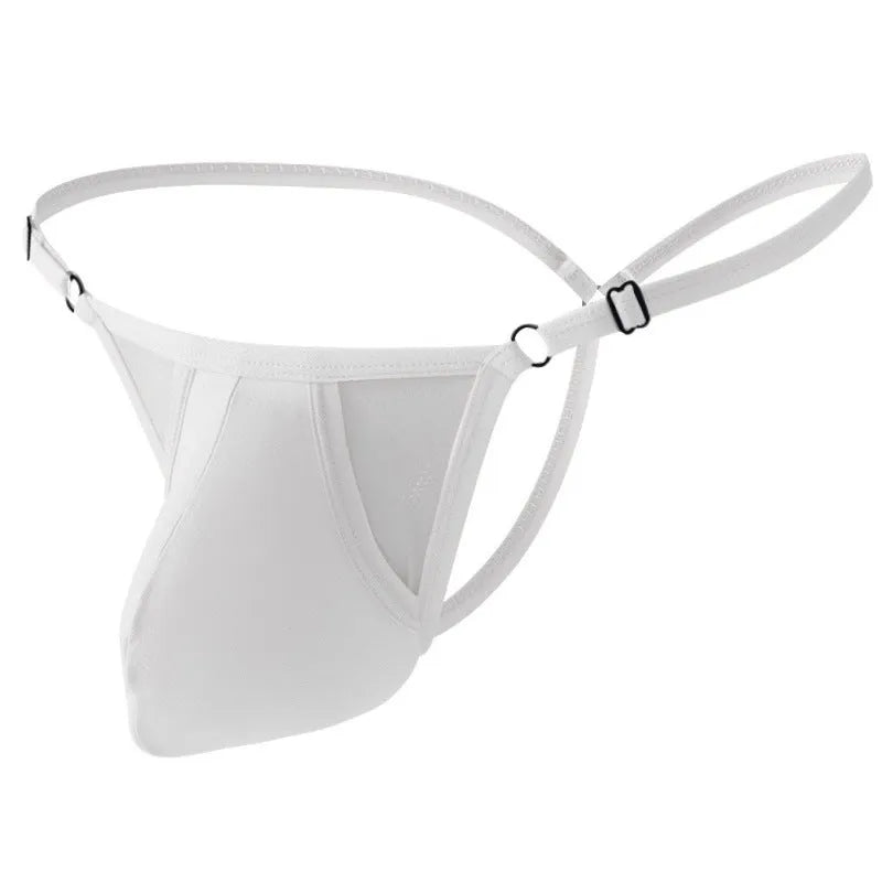 Men's ice silk T-back briefs with geometric pattern and adjustable thin straps in multiple colour options