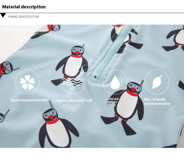 Boys penguin design swimwear set with long sleeves and matching swimming cap