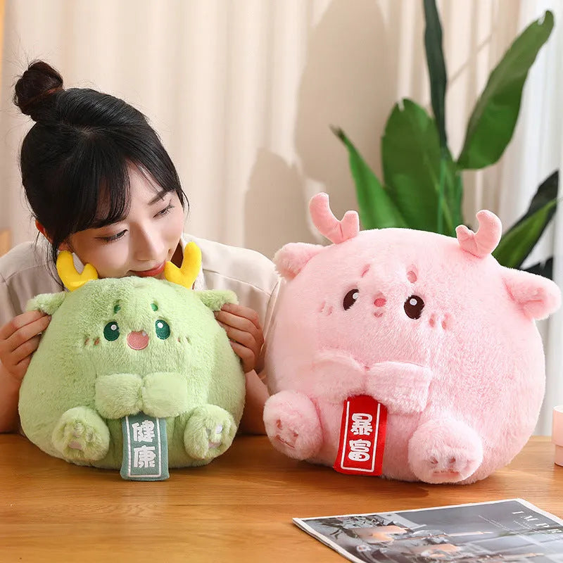 Cute dragon group plush doll toy in green with PP cotton filling, 28cm height, short plush fabric, white background