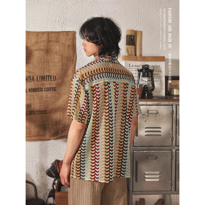 Japanese style Cuban collar short sleeve shirt with hollow jacquard pattern in grey or red