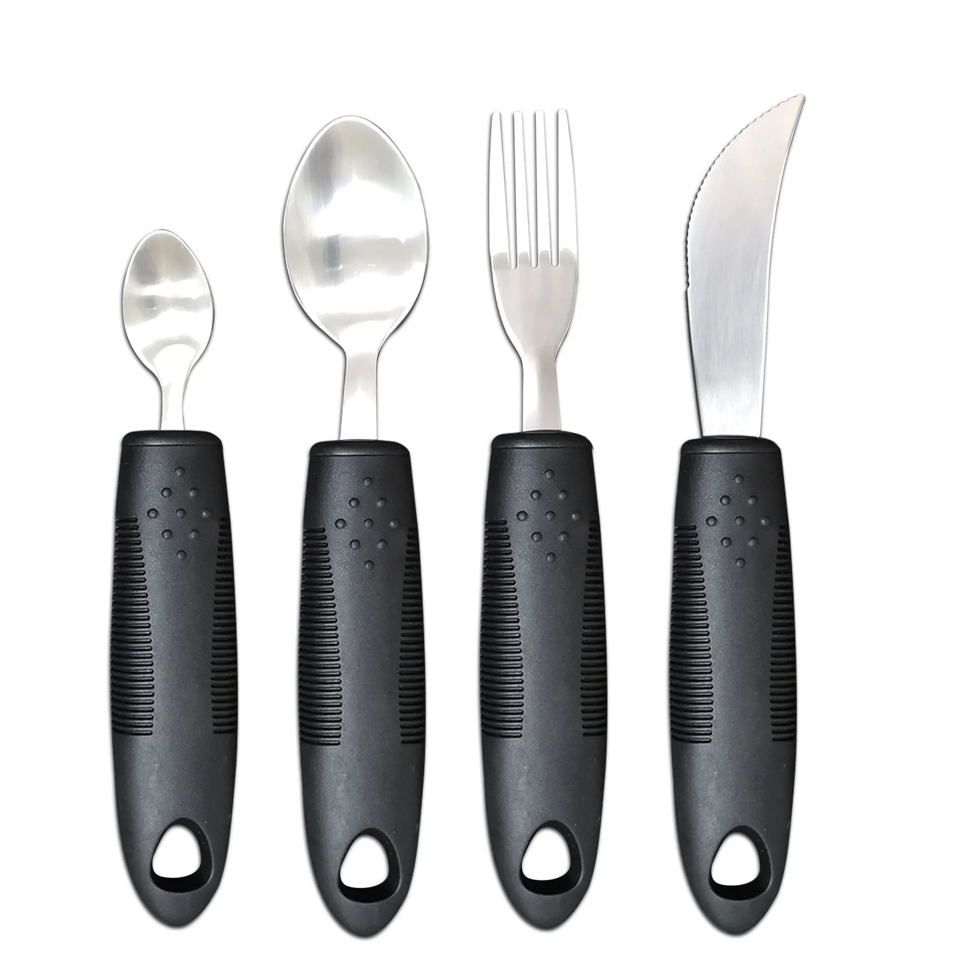 Adaptive cutlery set with stainless steel utensils and rubber grip handles for hand tremor assistance