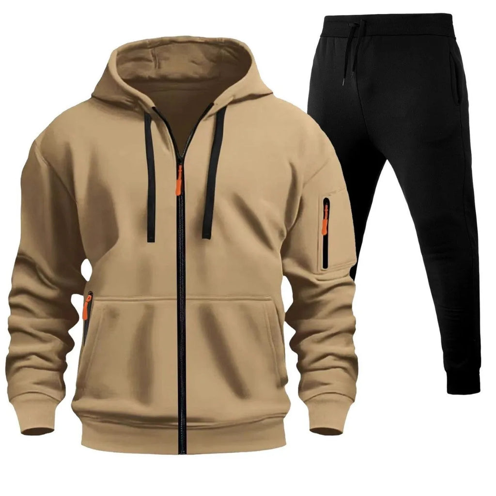 Men's zip-up hoodie set with multiple pockets and wool lining in camel colour