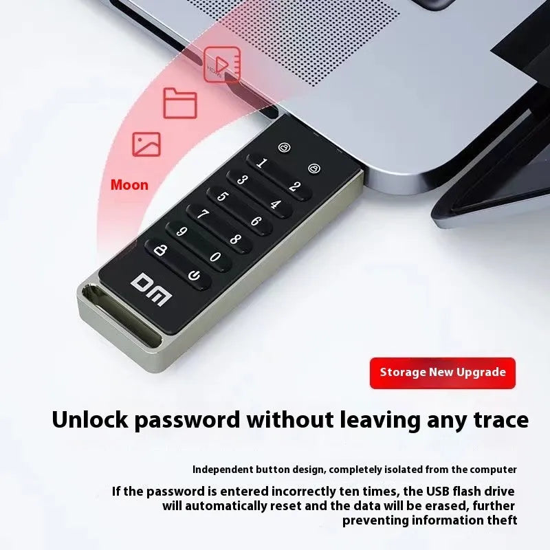 Metal encrypted USB flash drive with fingerprint sensor showing 64GB capacity and USB 3.0 interface