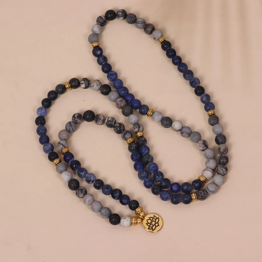 Blue patterned network stone beads on multi-layer alloy bracelet with fresh sweet style