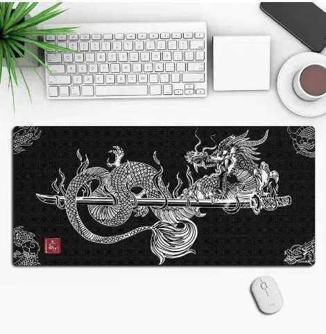Custom anime graphic gaming mouse pad with non-slip rubber base on a desk.