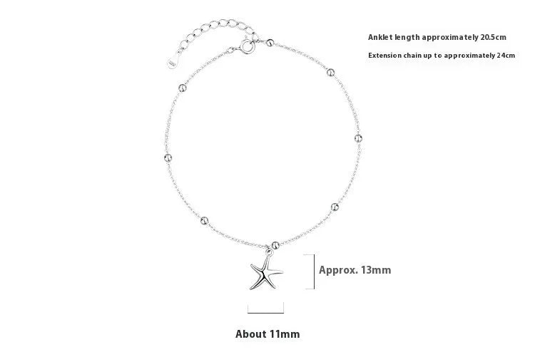 Sterling silver anklet with starfish charm and round beads on chain