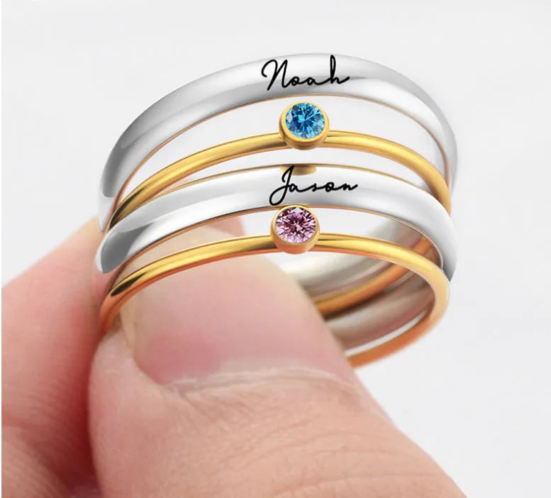 December birthstone titanium steel ring with engraved geometric design and electroplated finish