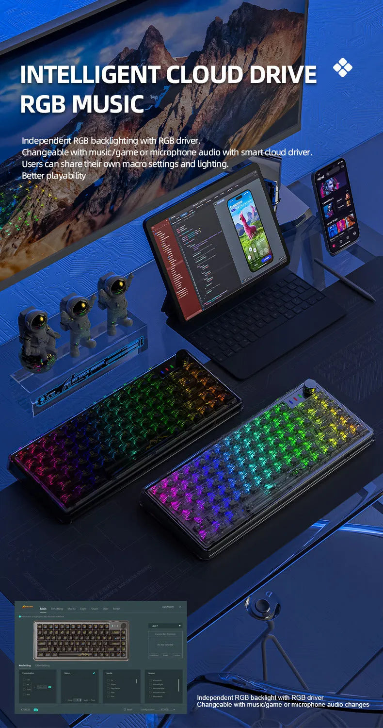 Attack Shark K75RGB wireless mechanical keyboard with transparent PC case showing RGB lighting