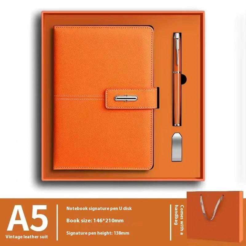 Custom A5 notebook with imitation leather cover in Business Black showing wood-free paper interior pages