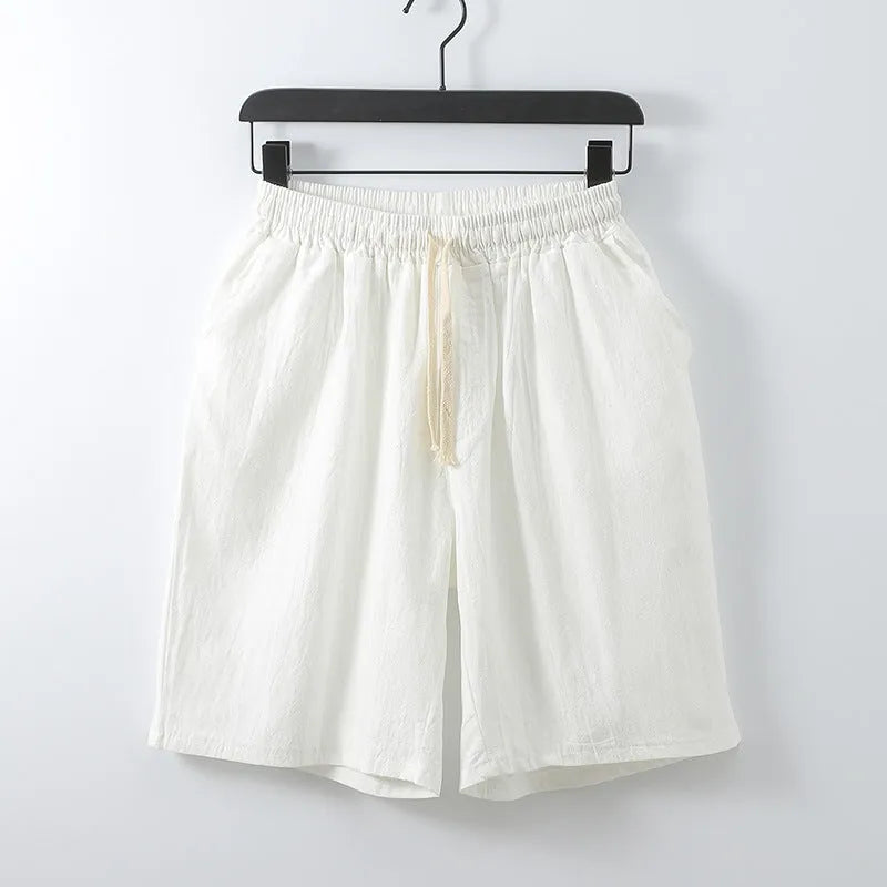 Plus size men's cotton linen shorts in white, mid waist straight leg cut, sizes M to 9XL