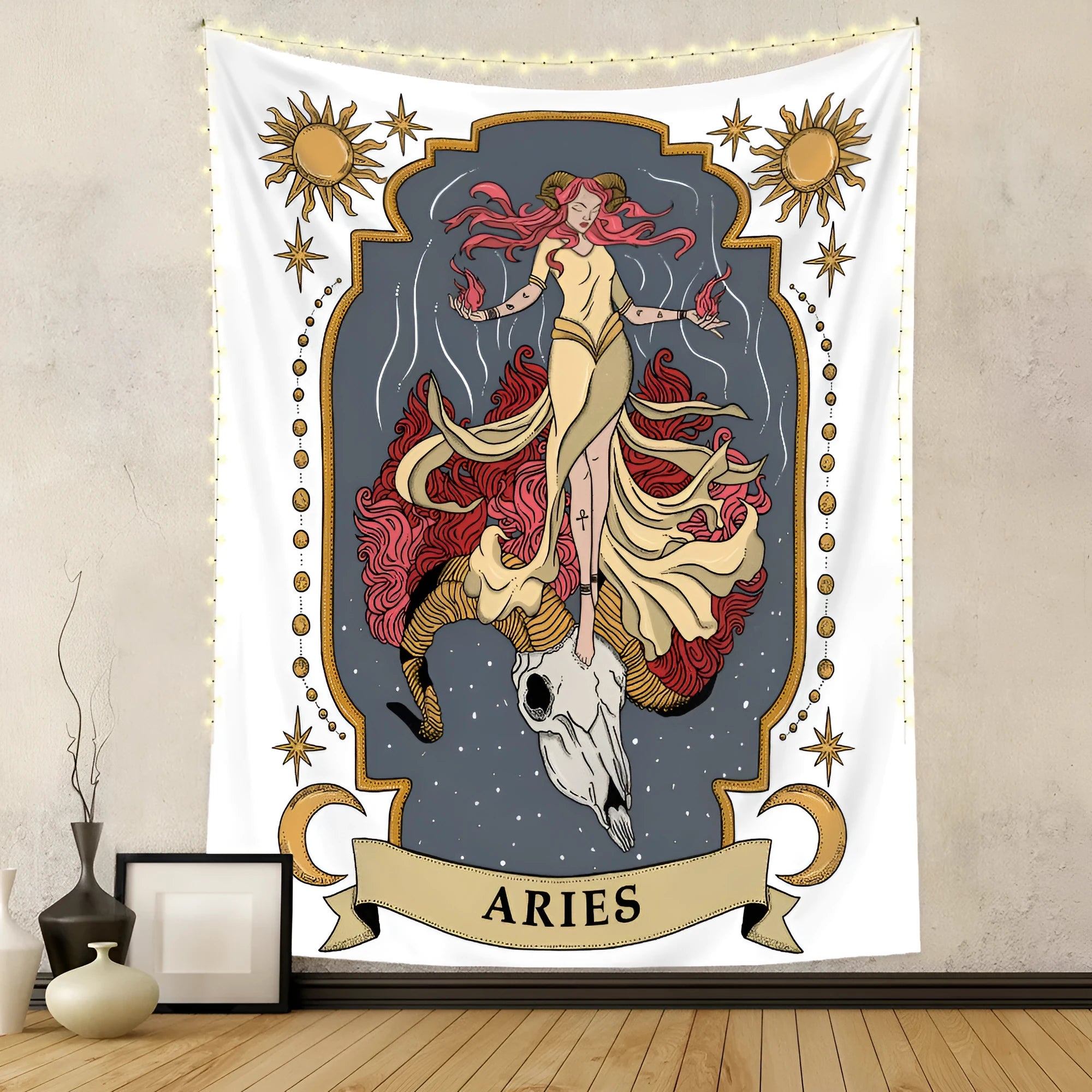 Rectangular polyester fibre tapestry with constellation skull tarot design in multiple sizes 73X95CM to 180X230CM