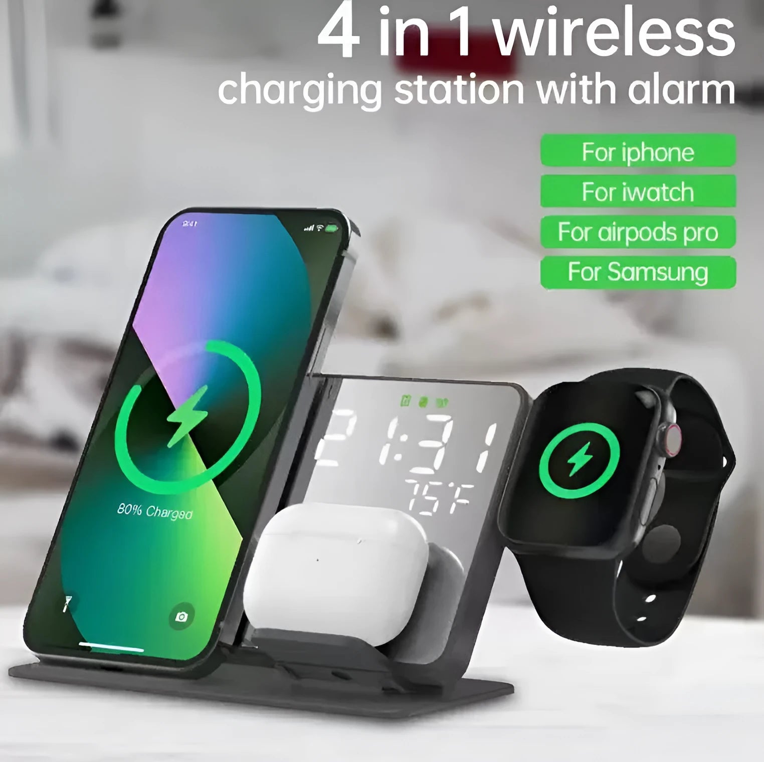 Black four-in-one wireless charger stand with phone, headset, and smart watch charging zones, 15W fast charge model