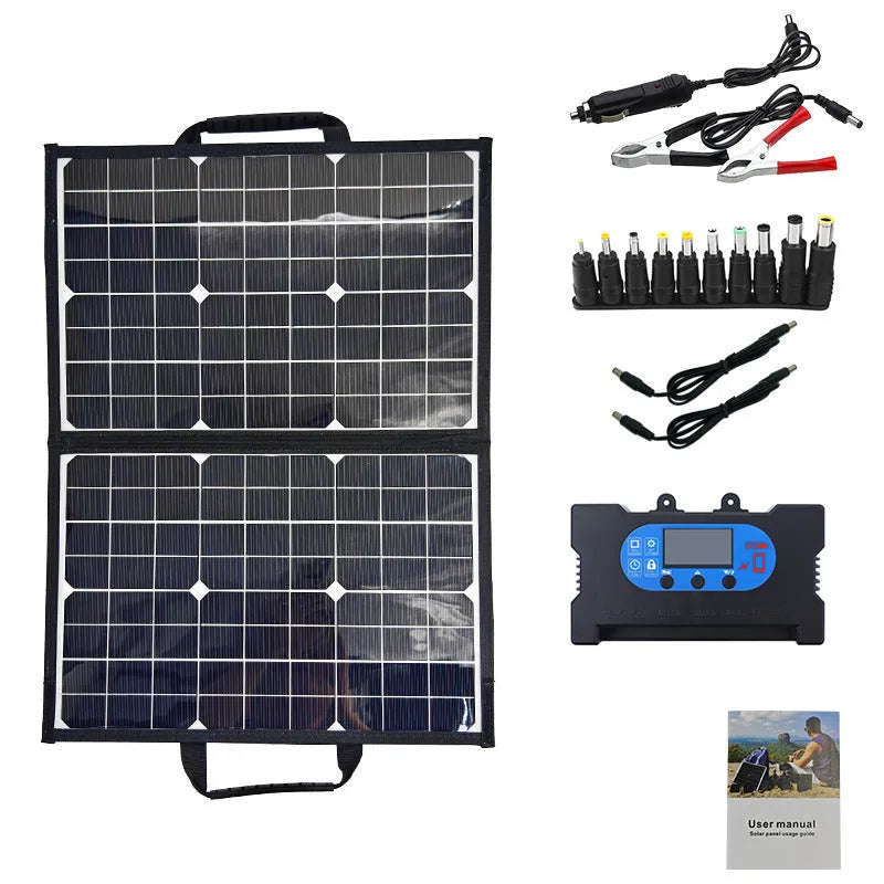 Black 40W monocrystalline solar panel in folded bag design showing compact 425mm by 285mm dimensions