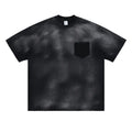 Black men's loose cotton t-shirt with a white letter print and drop-shoulder short sleeves.