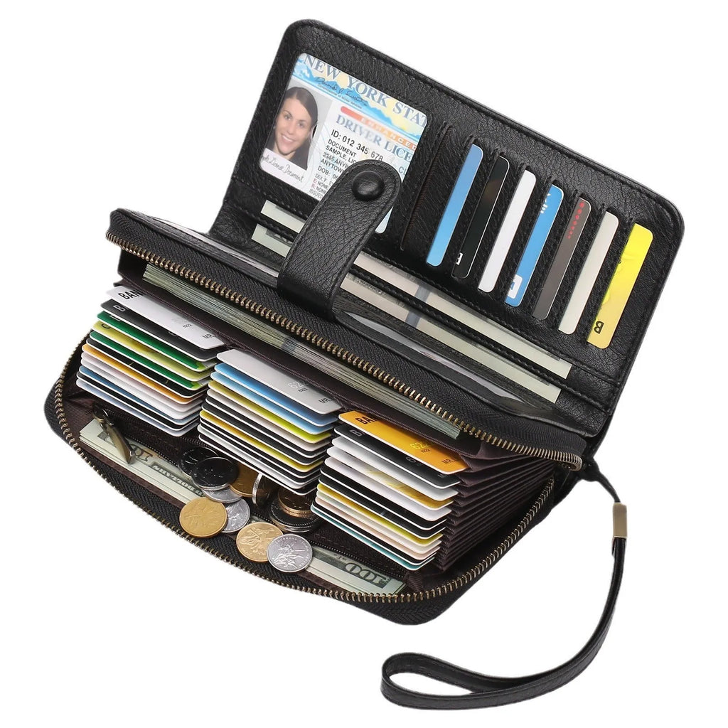 Women's long expanding card holder wallet in synthetic leather with anti-theft swiping feature