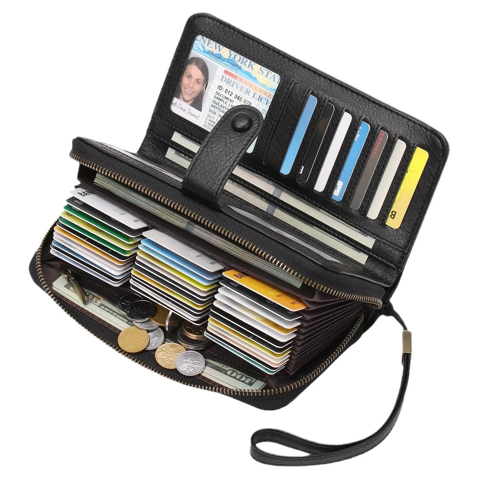Women's long expanding card holder wallet in synthetic leather with anti-theft swiping feature