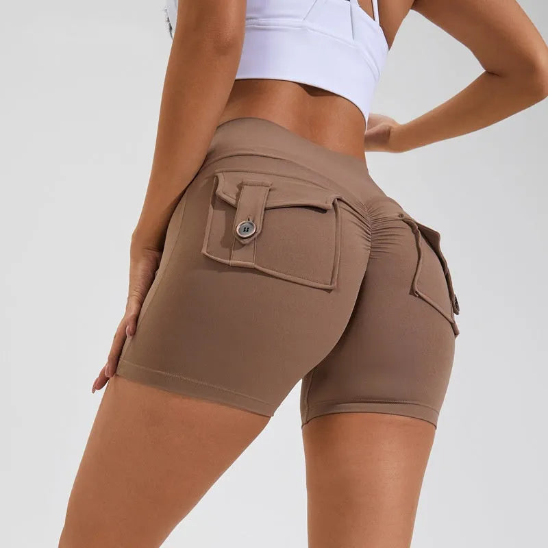 Women's high-waisted hip lifting shorts with pockets in quick-dry nylon fabric