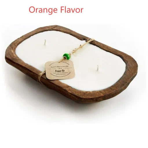 Retro-style wooden basin containing a Lavender soy wax aromatherapy candle with three visible wicks.