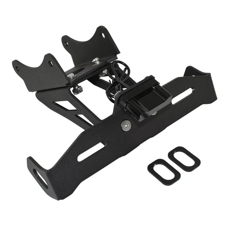 Black aluminium rear licence plate bracket for Honda motorcycles on a white background.