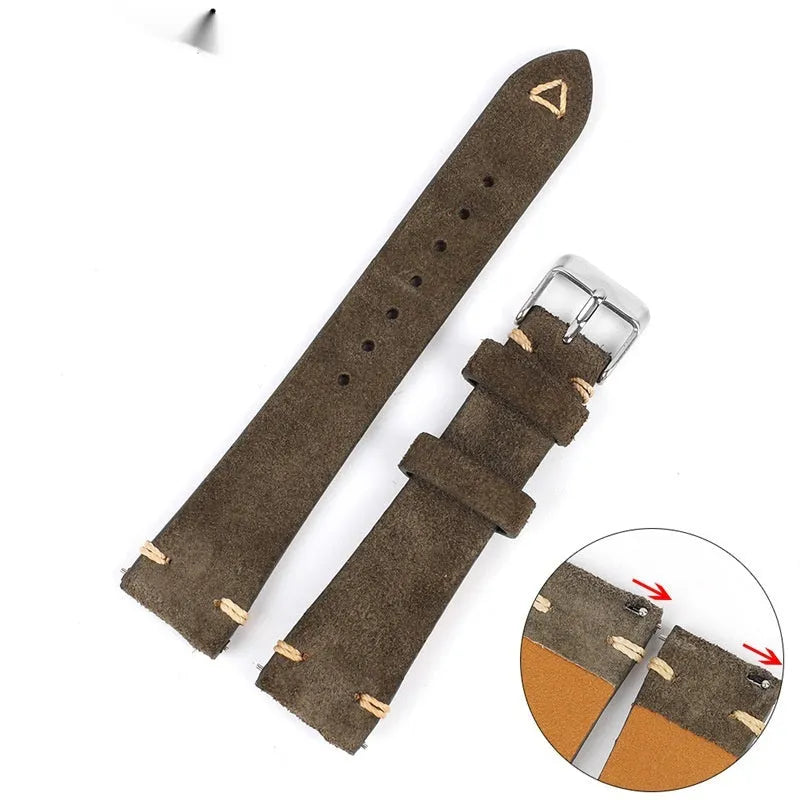 Small waist genuine suede leather watch strap showing brown, blue, gray and army green colour options