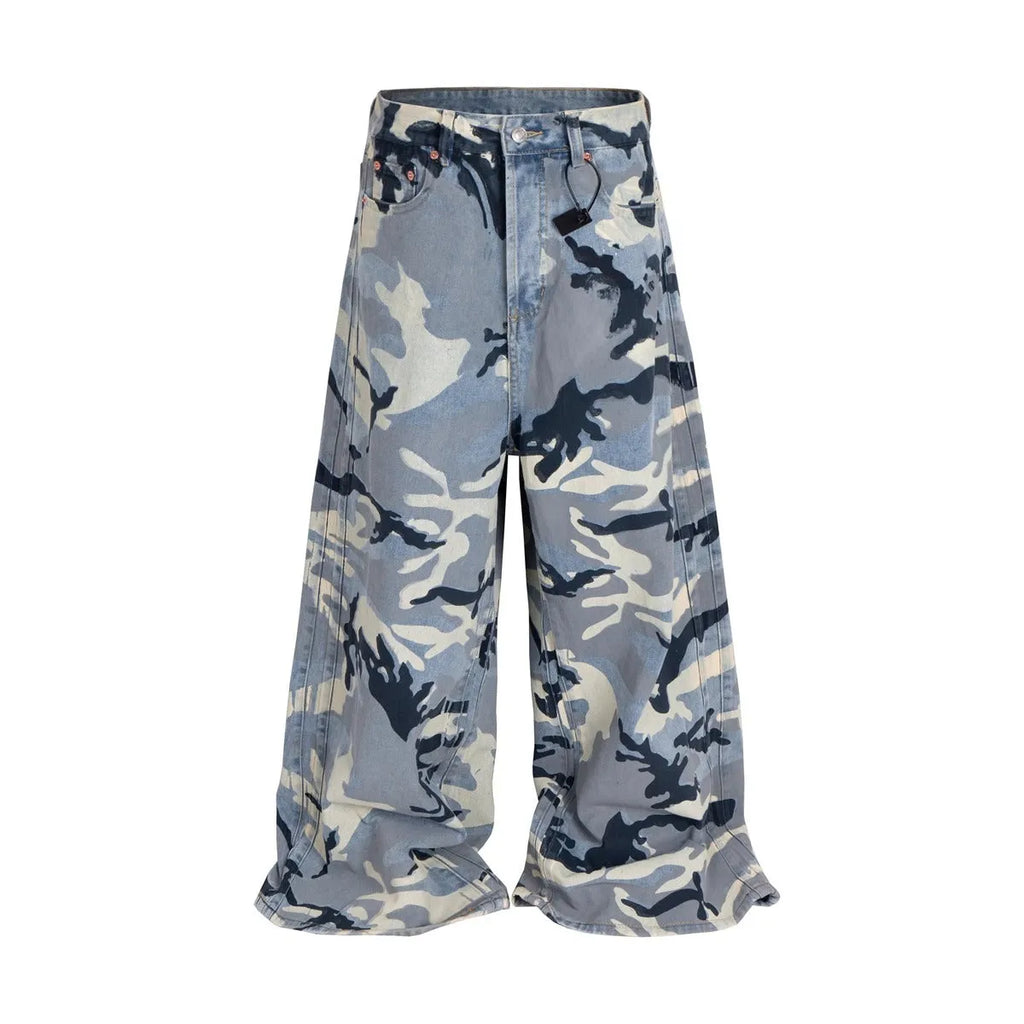 Snow camouflage blue loose-fit jeans with micro-elastic cotton denim fabric and mid-waist design
