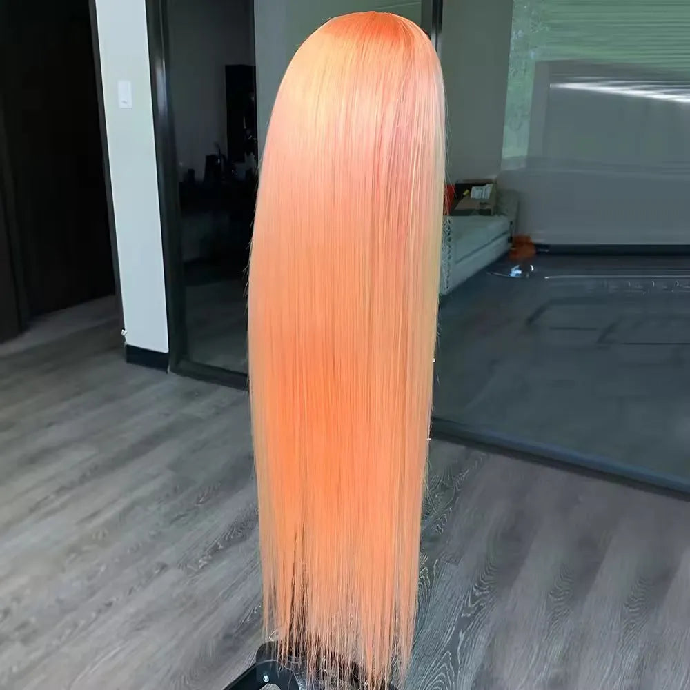 Light orange long straight front lace synthetic wig with side bangs on a model.