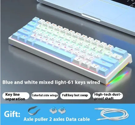 Bluish-black 61-key mechanical keyboard with wired USB cable on desktop