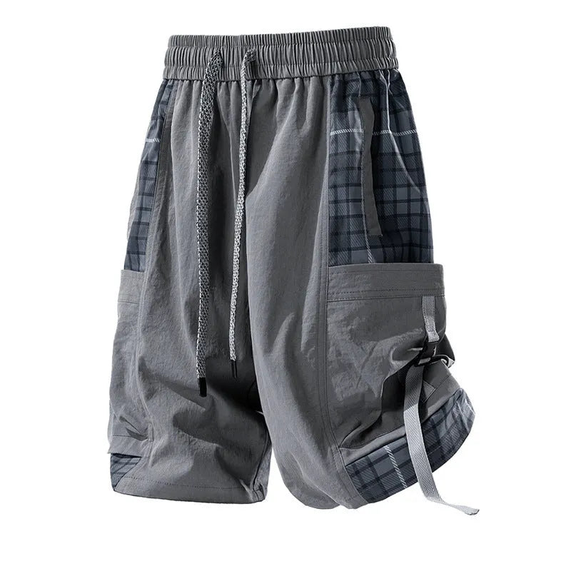 Men's loose fit cargo shorts with plaid stitching in black, light grey, or smoky grey.