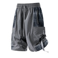 Men's loose fit cargo shorts with plaid stitching in black, light grey, or smoky grey.